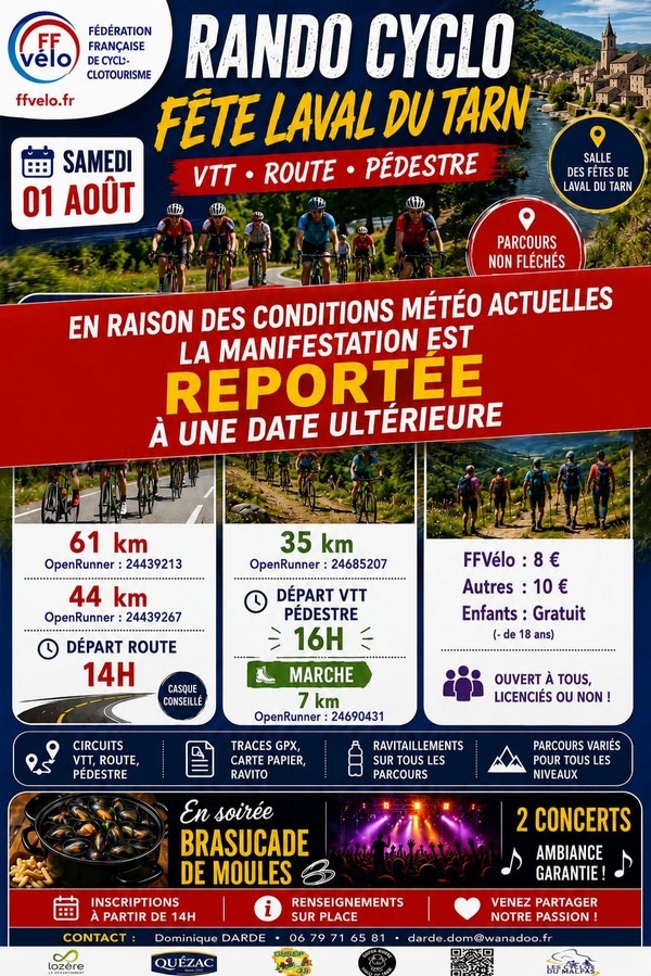 🗓 🚵🚴Rando Laval du Tarn le 1er août 2026 reportée